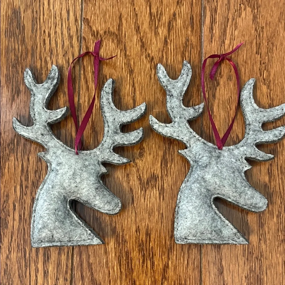 Set of 2 Gray Felt Buck Deer Stag Head Antler  Ornaments